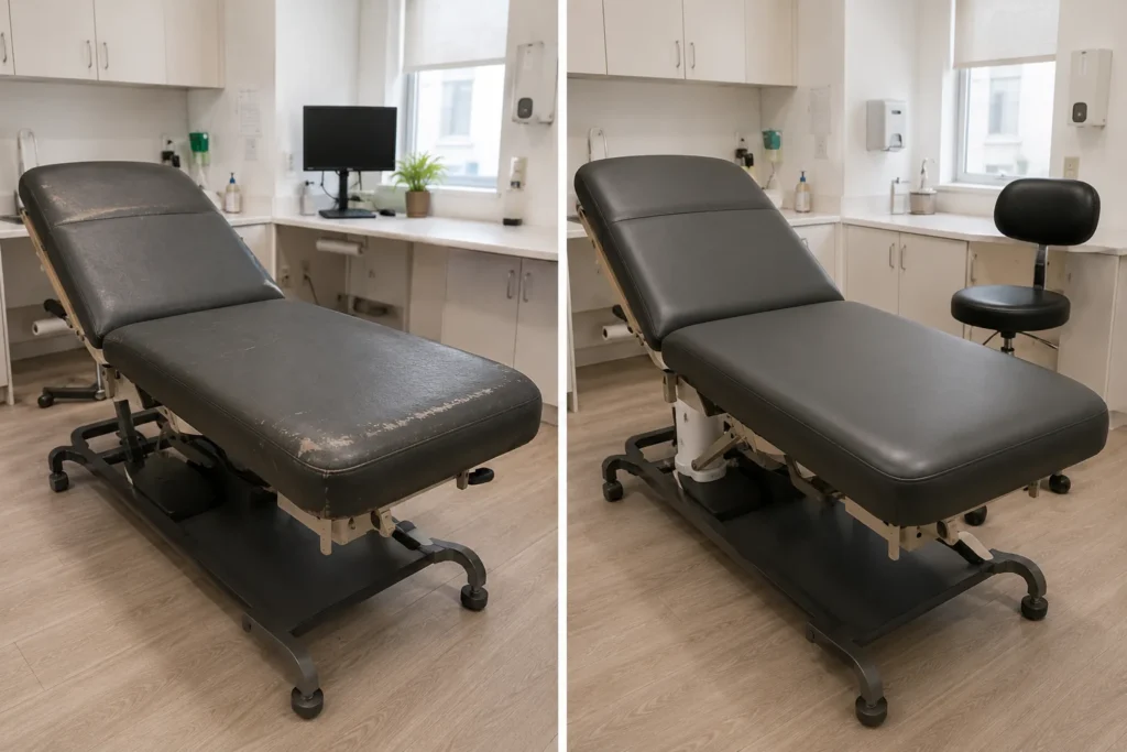 A worn charcoal exam table, then recovered