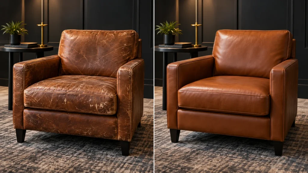 Clubhouse armchair shown worn, then re-covered in cognac leather