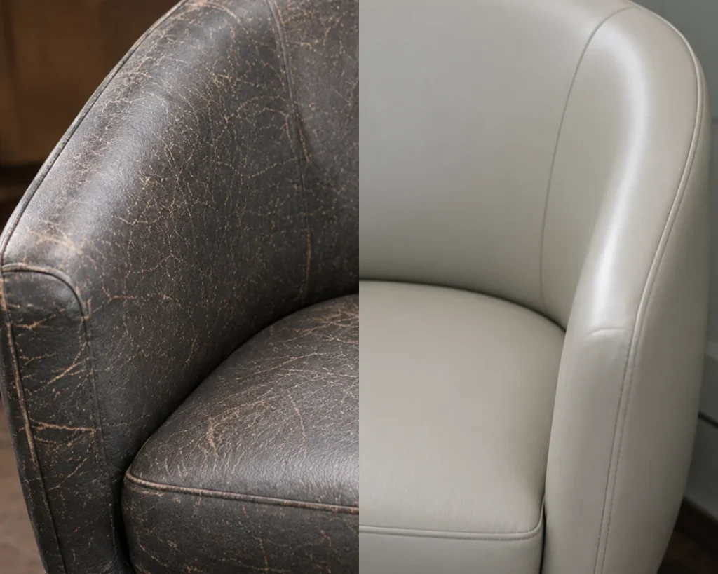 A dark, worn reception chair, then recolored