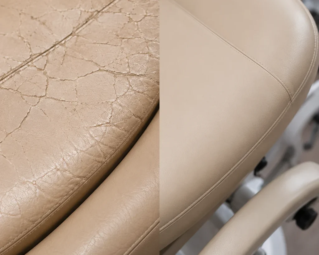 A patient chair with crazed vinyl, then repaired