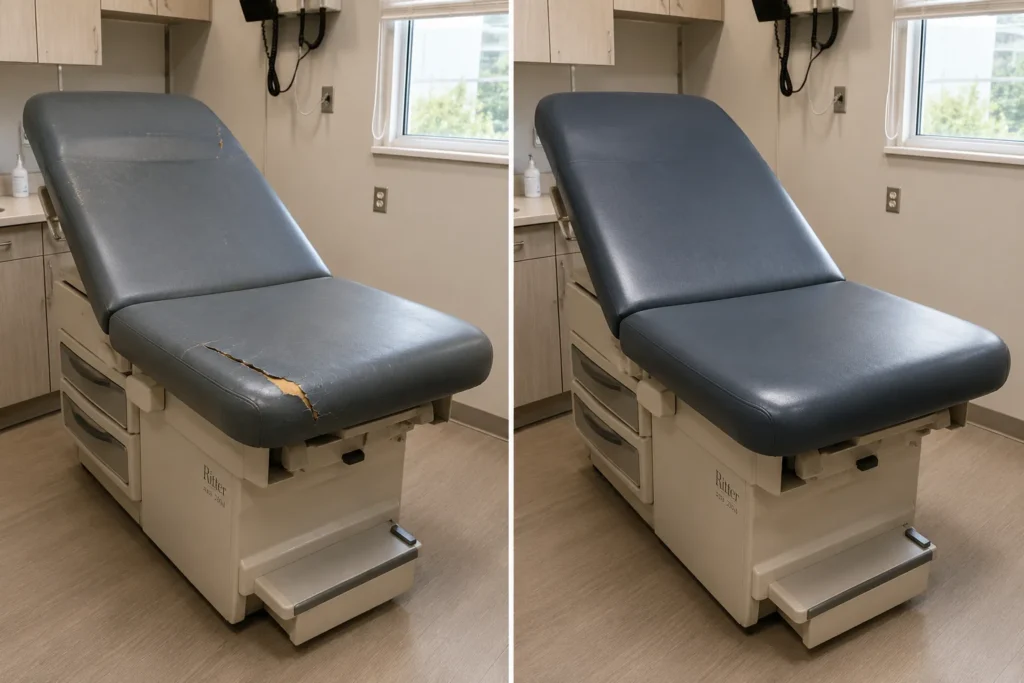 A slate exam table with a torn front, then recovered