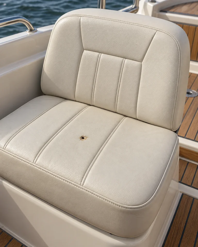 A boat seat with a burn hole