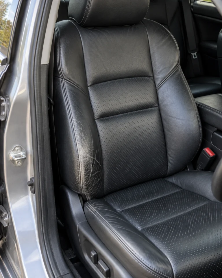 A sedan driver's seat with a cracked side bolster