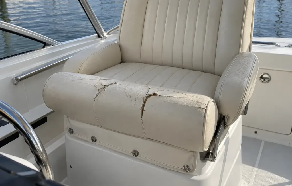 A helm seat with a cracked vinyl cover