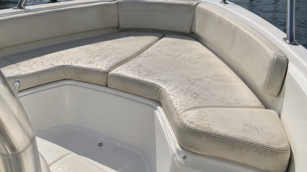 Bow cushions faded and stained by the sun