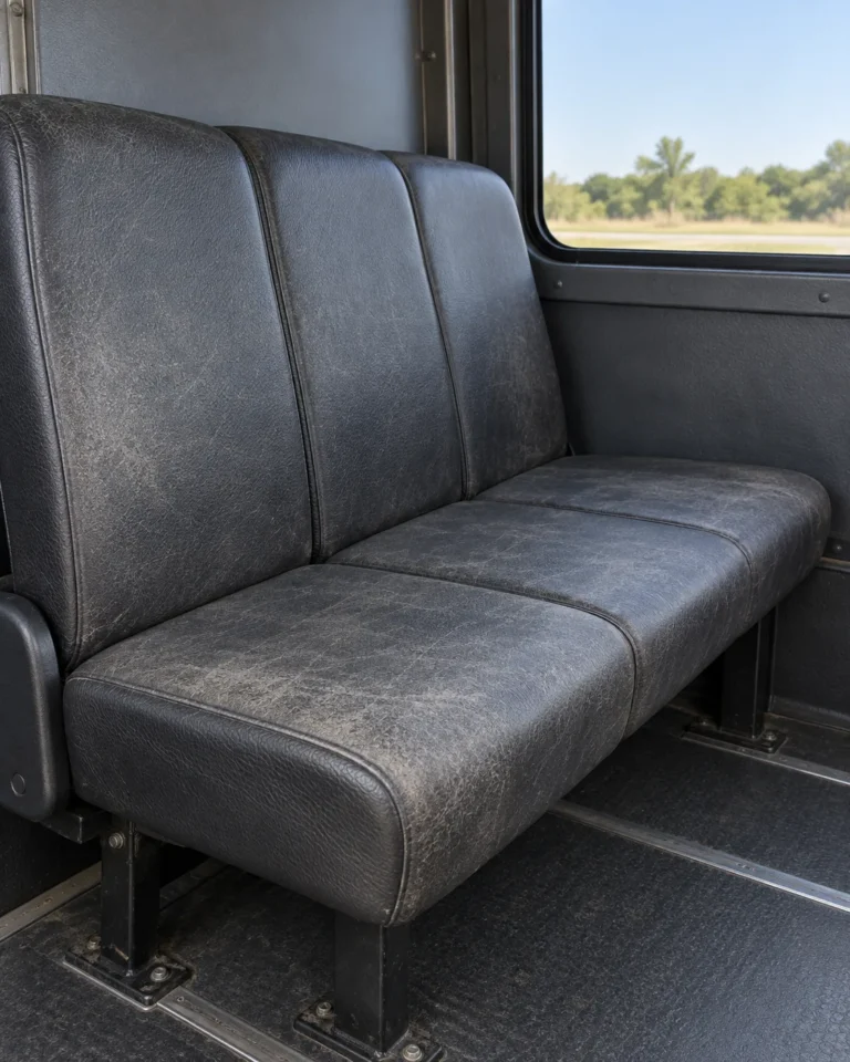 A gray vinyl bench seat faded and blotchy