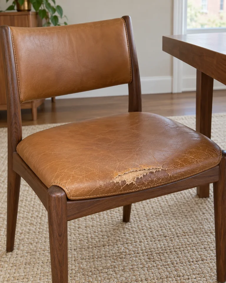 Worn leather dining chair prior to any work