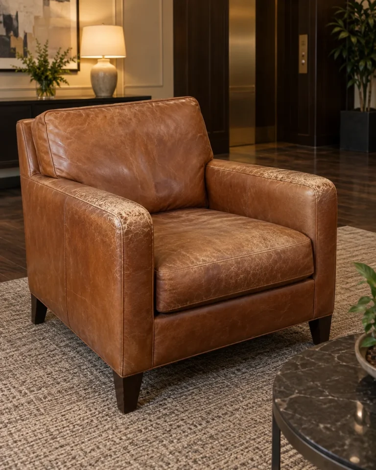 A cognac leather lobby armchair with arms faded and cracked