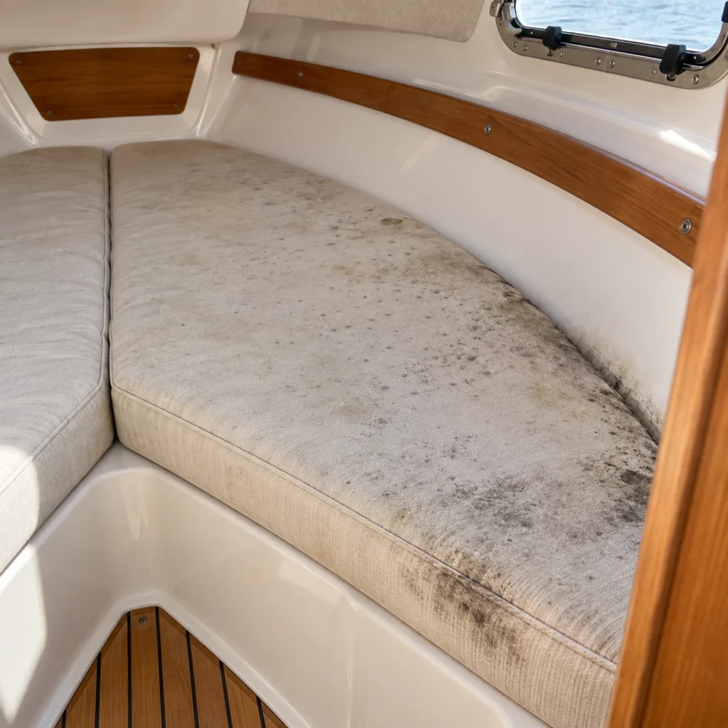 A cabin cushion stained with mildew