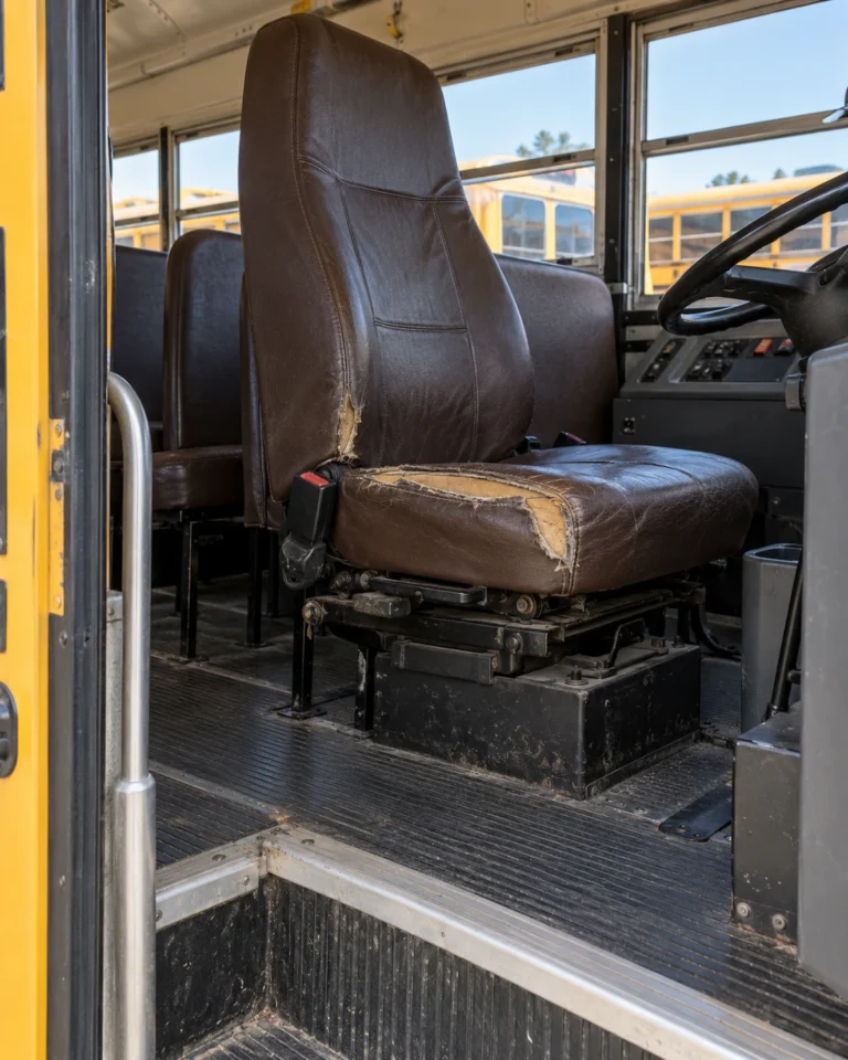 A school bus operator's seat with worn vinyl