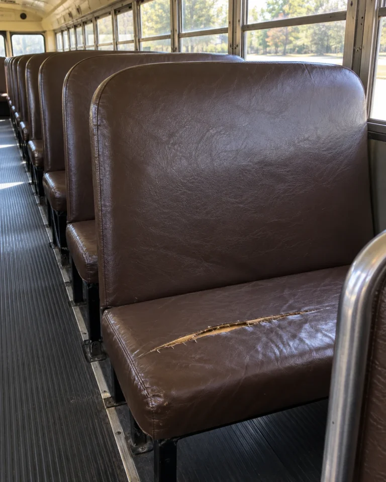 A brown school bus bench with a long cut