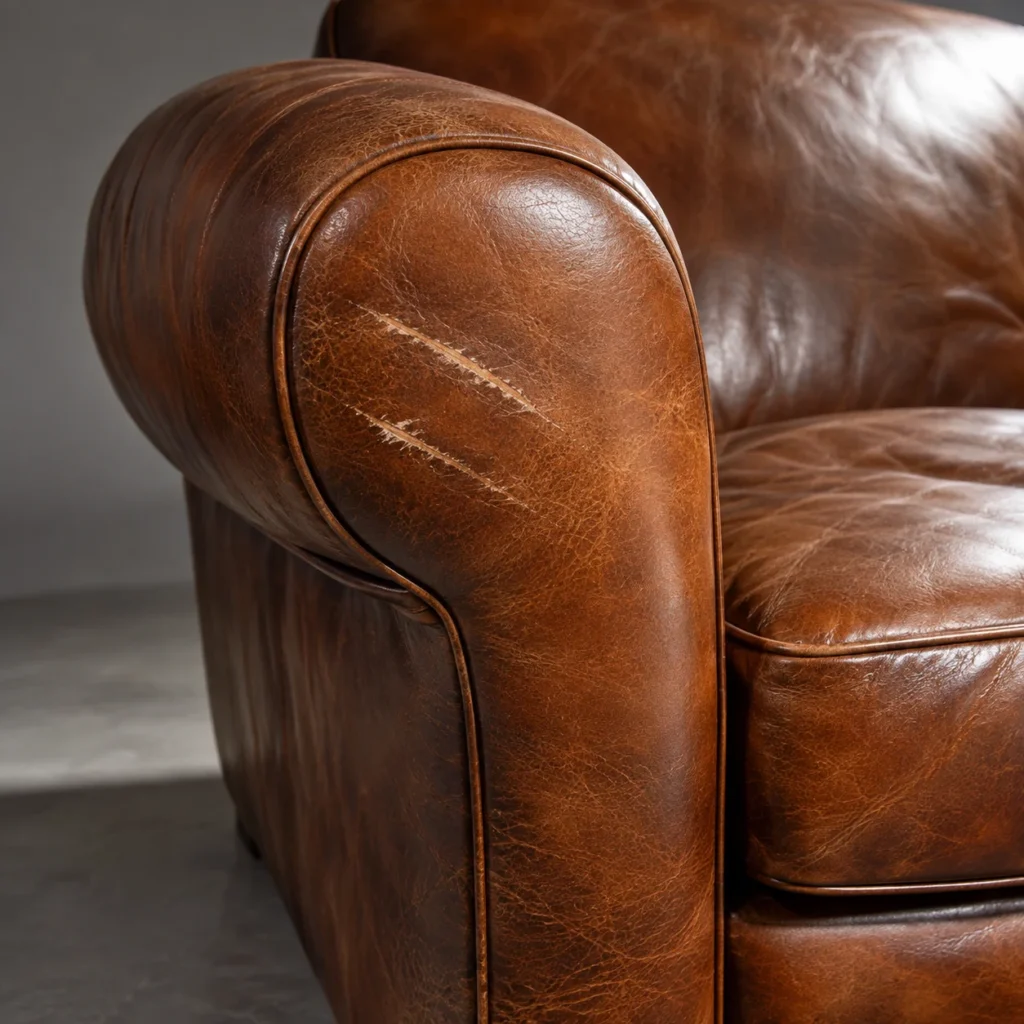 Brown leather sofa arm with deep scuffs
