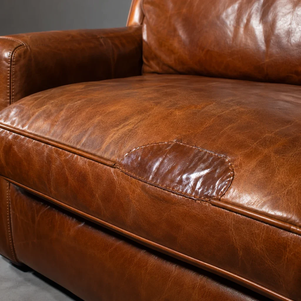 Leather cushion with a glossy old patch