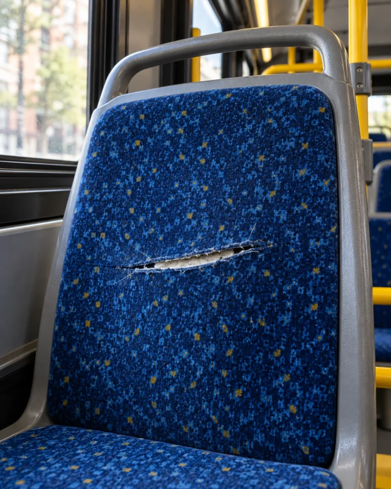 A transit seat back with a long slash