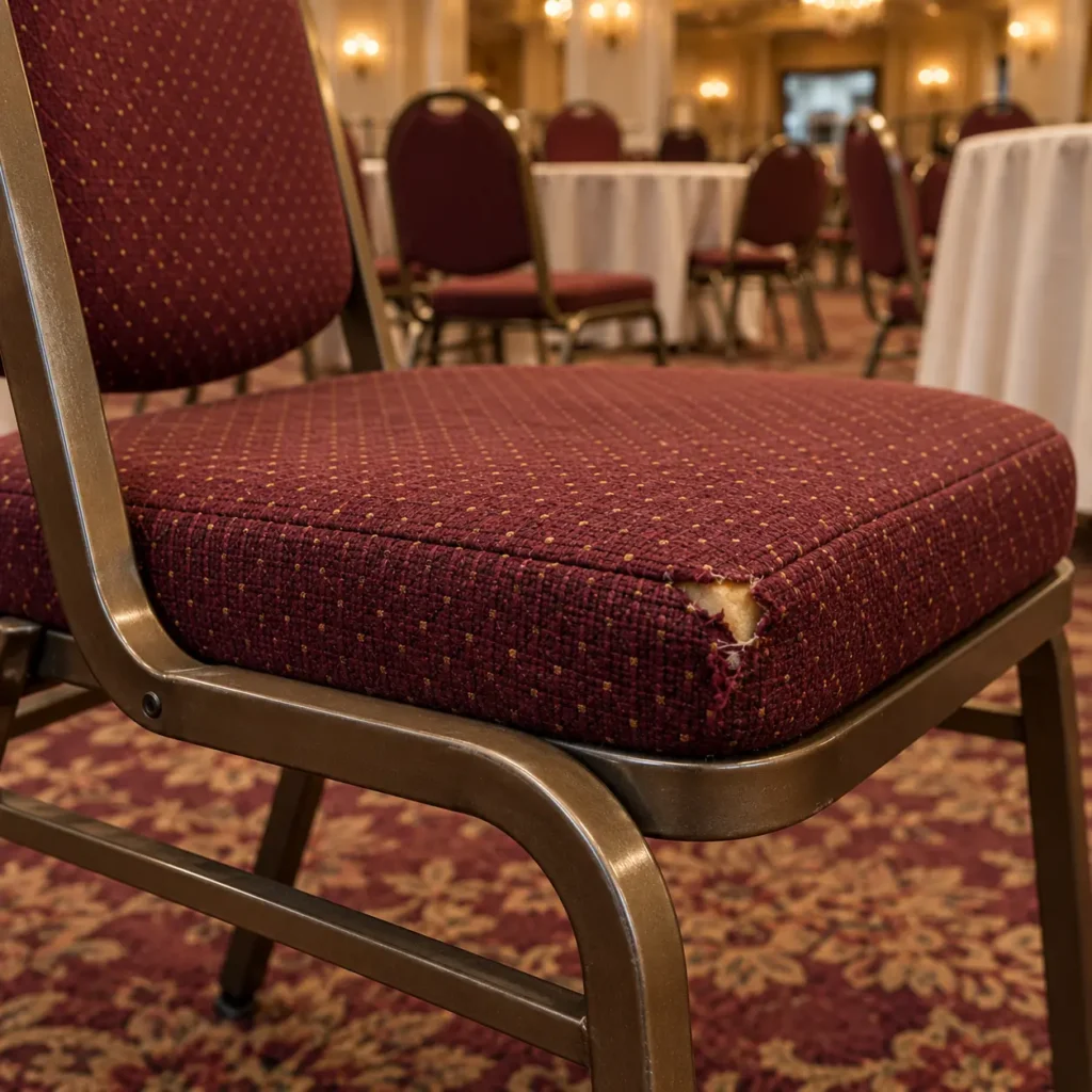 Banquet chair cushion with a ripped corner