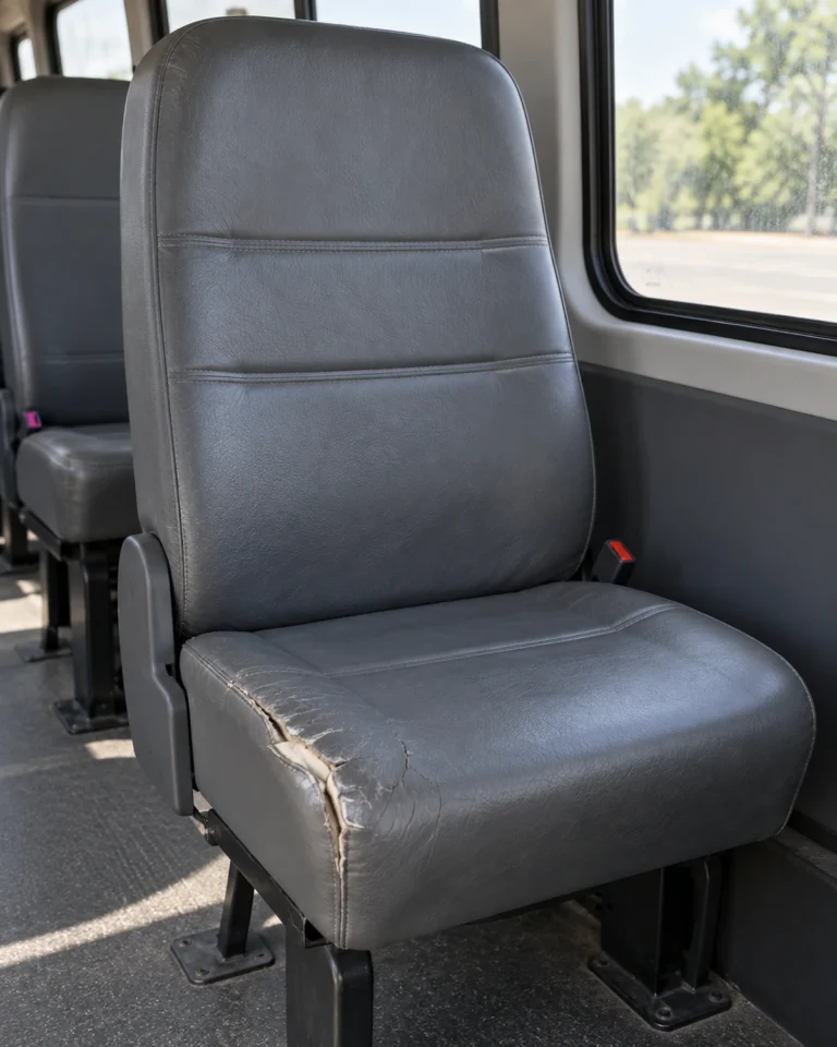 A van passenger seat with a split in the vinyl