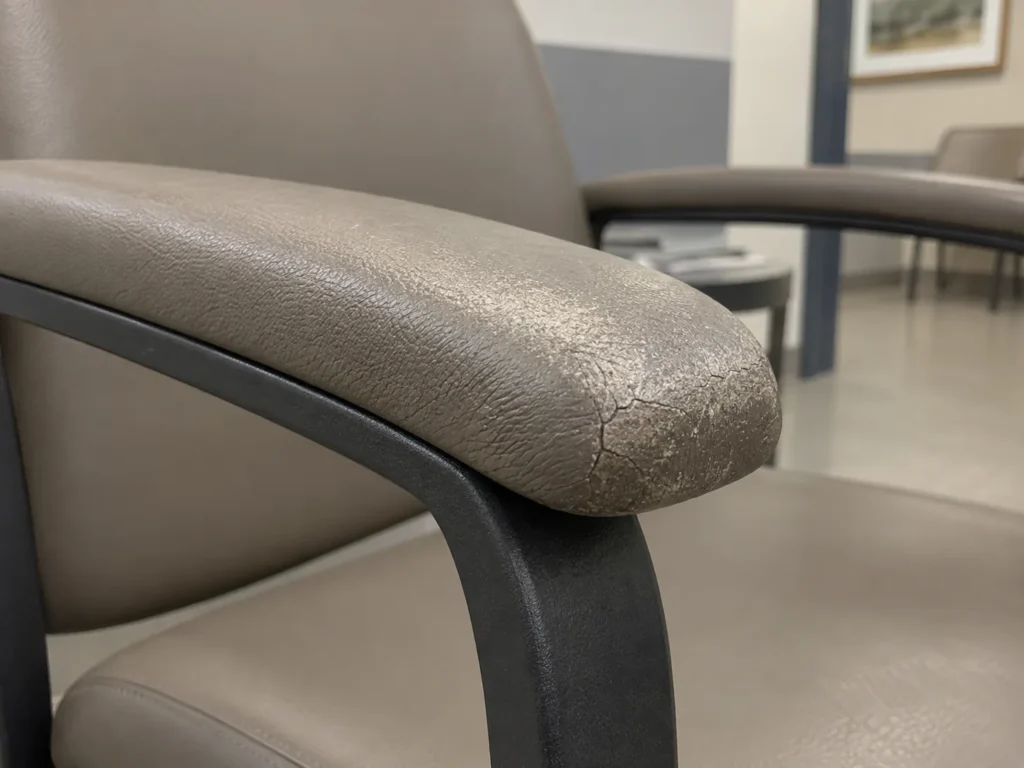 A lobby chair arm with cracked vinyl