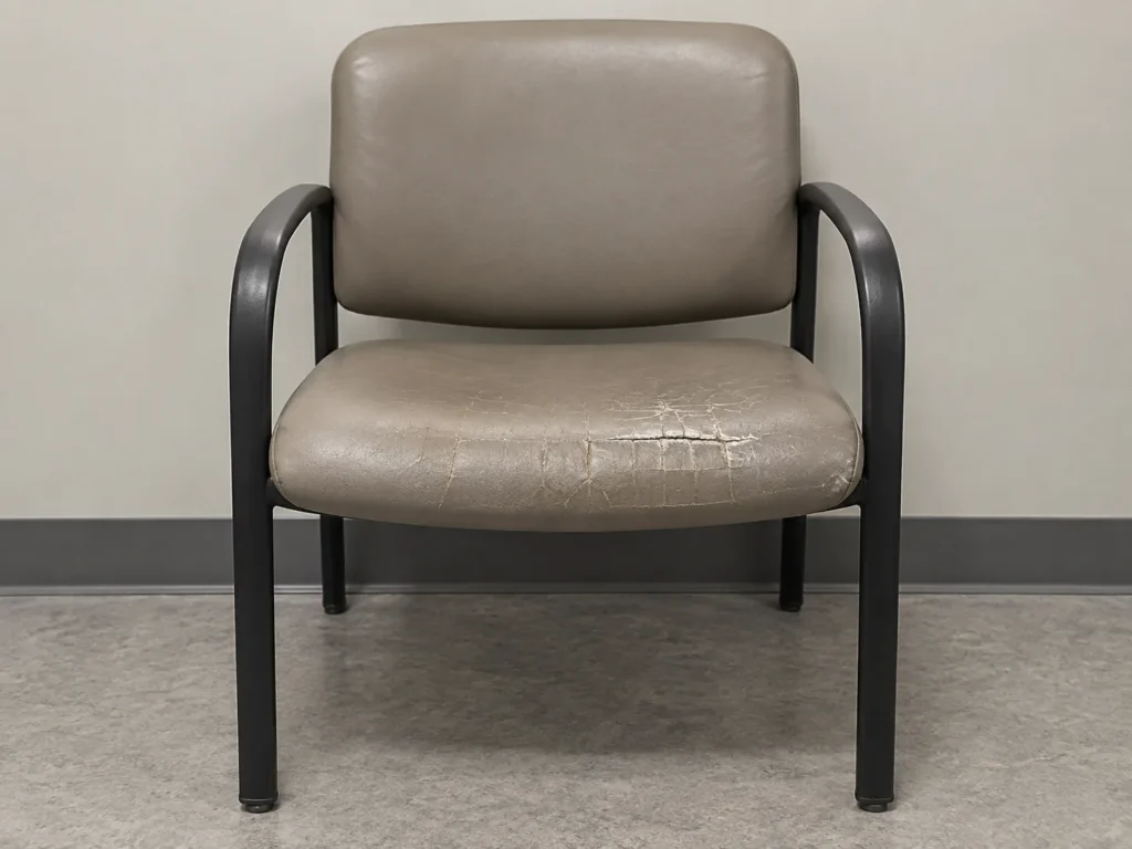 A lobby chair with a cracked vinyl seat
