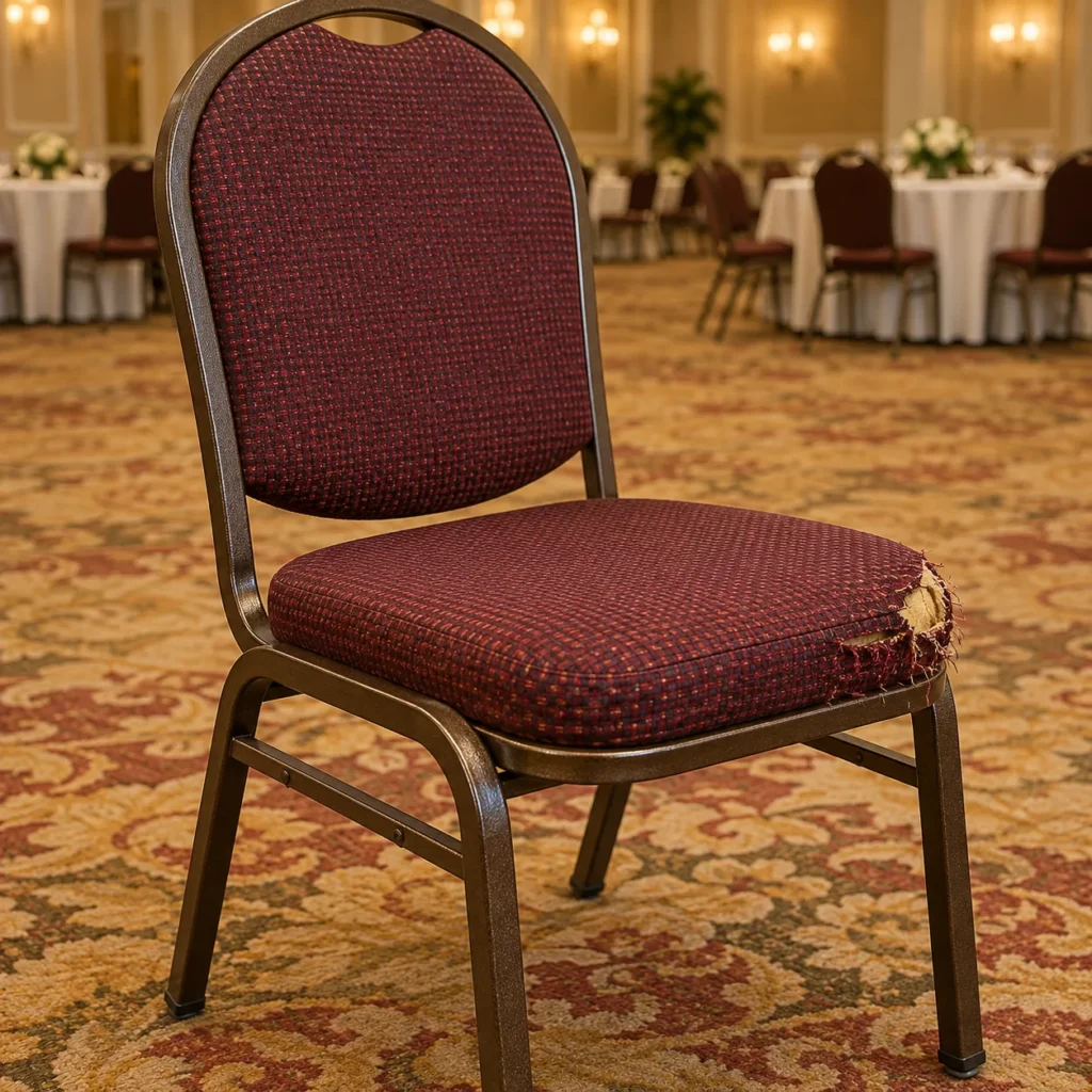 Banquet chair with a threadbare cushion
