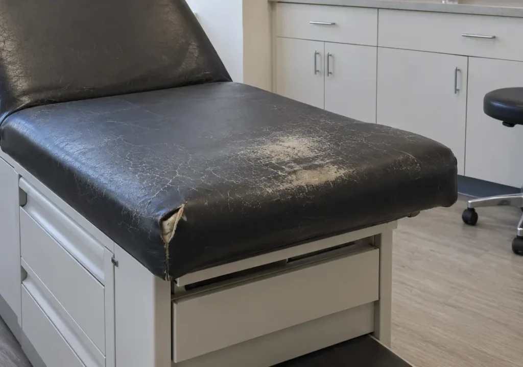 A black exam table with its top cracked through