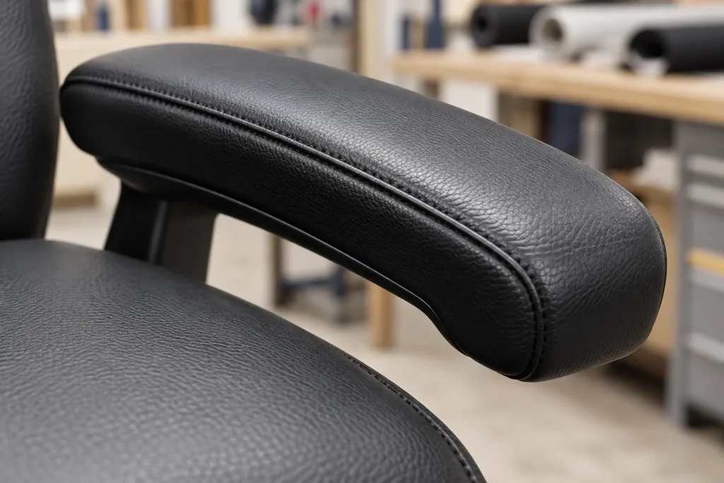 A black leather arm pad freshly recovered on an office chair
