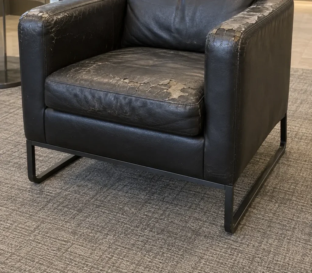 A worn black leather armchair before reupholstery