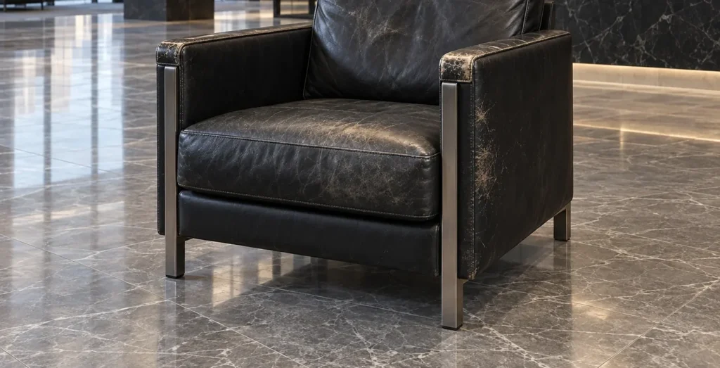A black lobby lounge chair with worn arms before refinishing