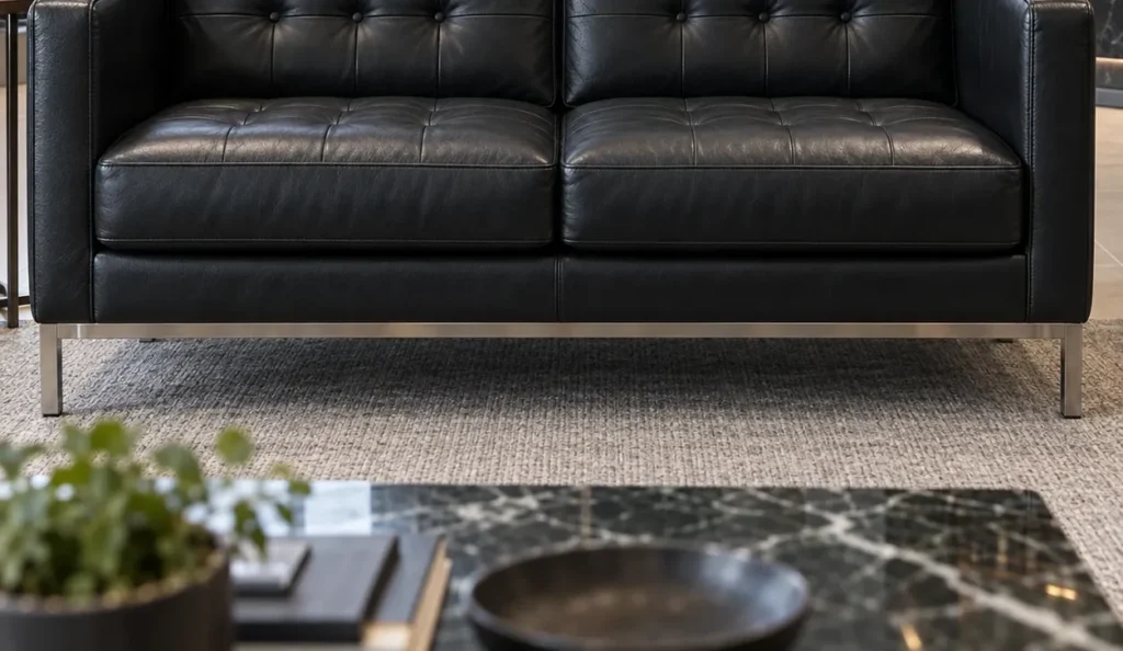 The same black tufted sofa once repaired