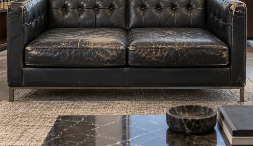 A black tufted leather sofa with cracks before repair
