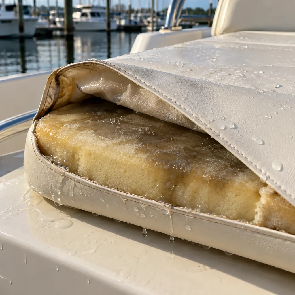 Water squeezed from the foam inside a boat cushion