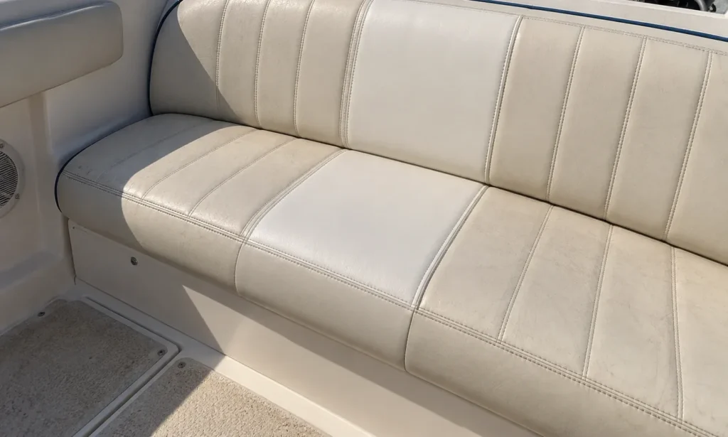A boat bench seat with one panel replaced