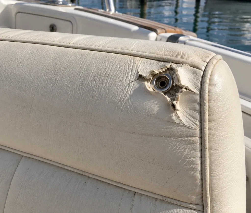 Ripped snap holes on a boat seat
