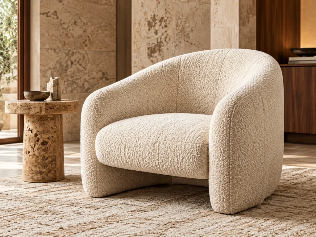 Armchair reupholstered in boucle for a country house
