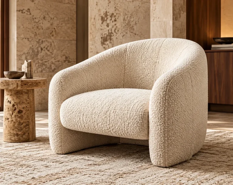 Boucle fabric armchair reupholstered