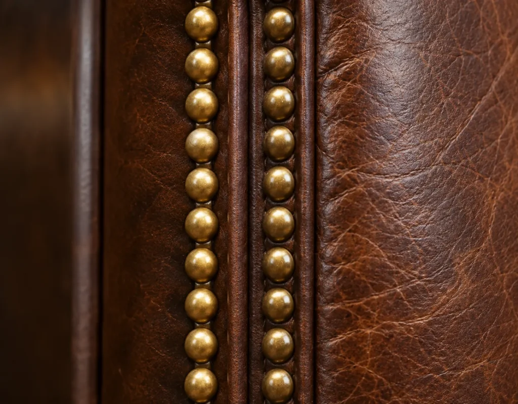 Tight brass nails, leather dining chair edge detail