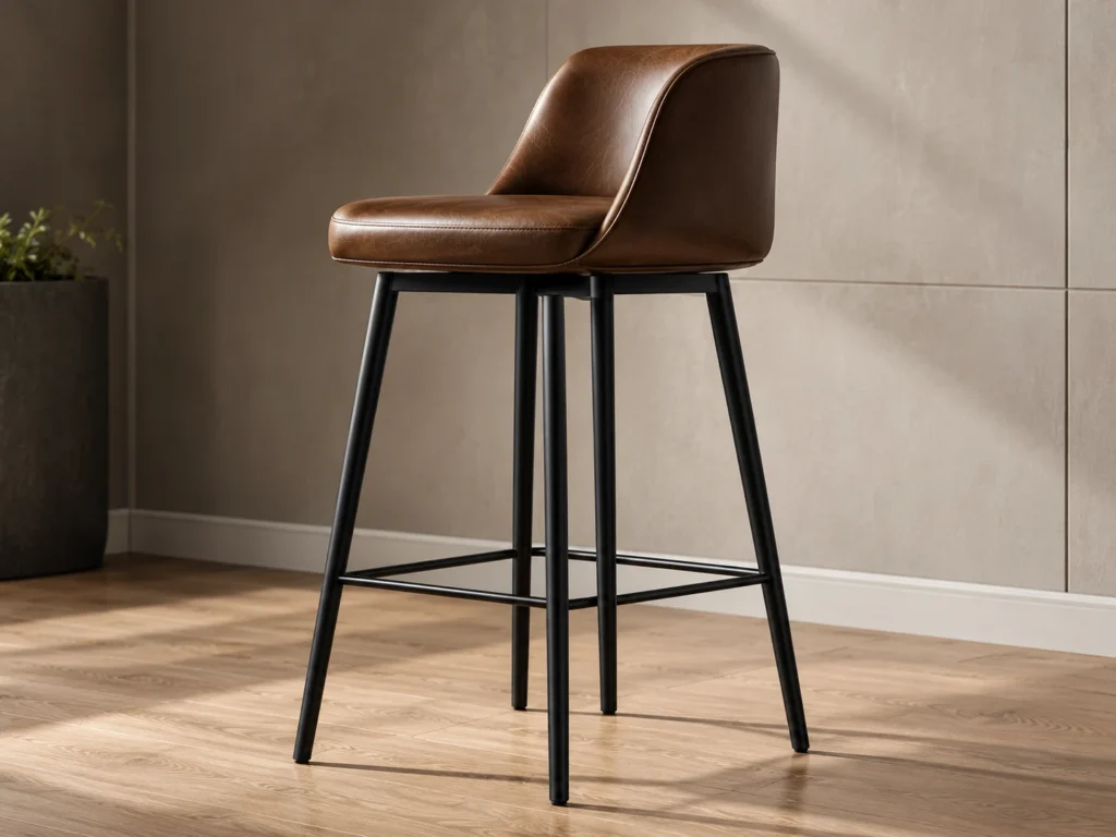 A brown leather bar stool on a black metal frame