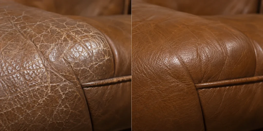 Cracked brown leather seat shown before and after the repair