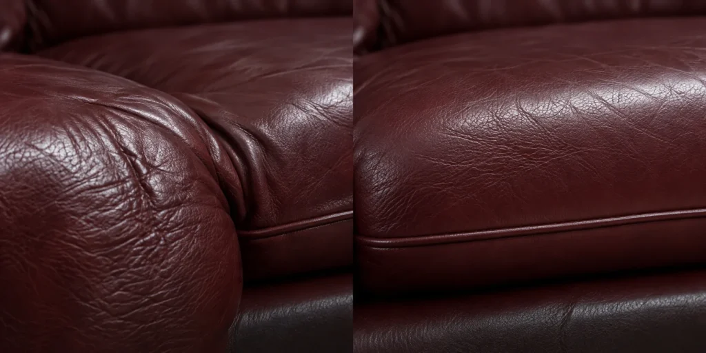 Burgundy leather cushion shown before and after it was restored