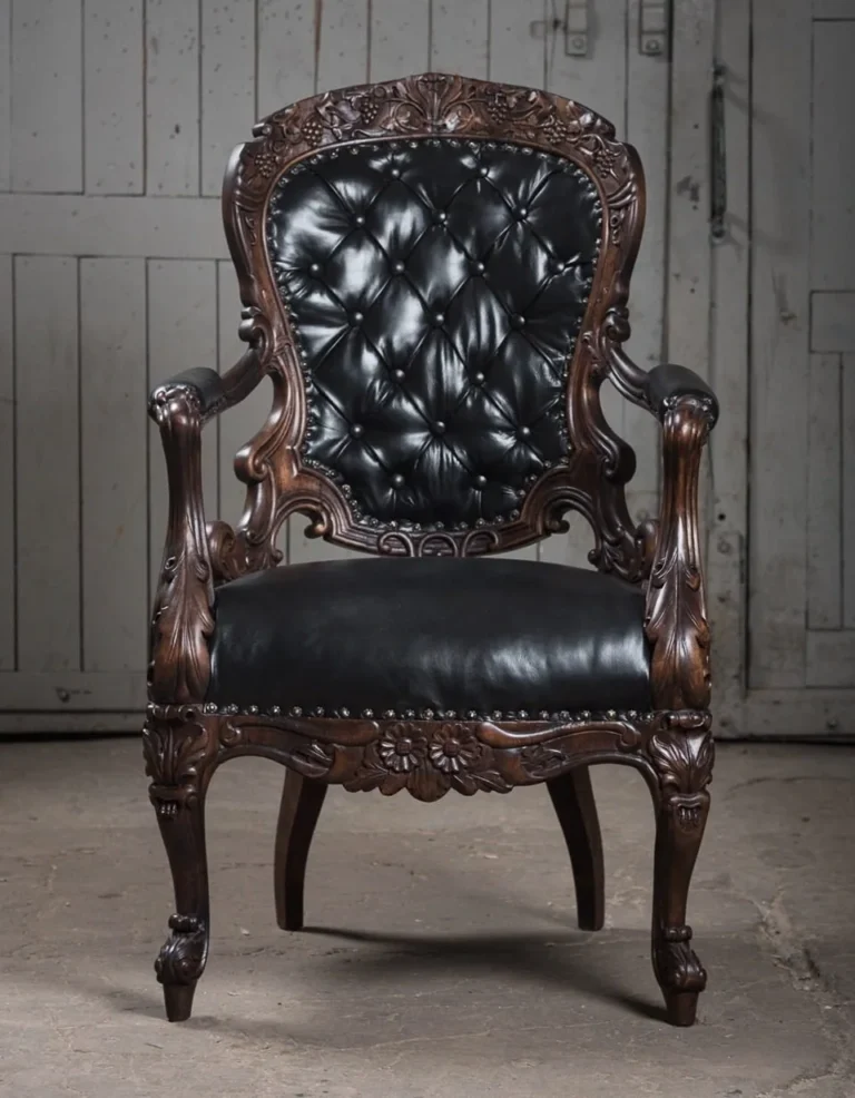 The same carved armchair recovered in tufted black leather