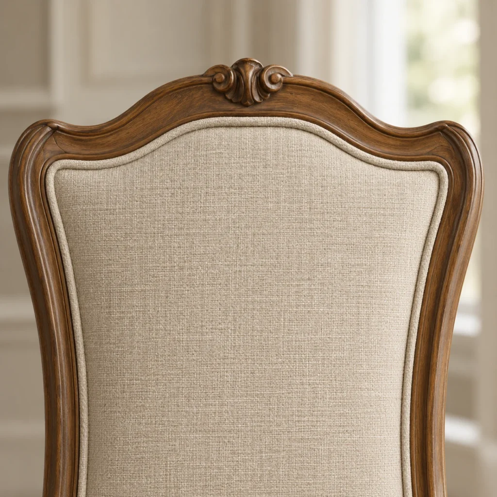 A carved crest rail on a chair back