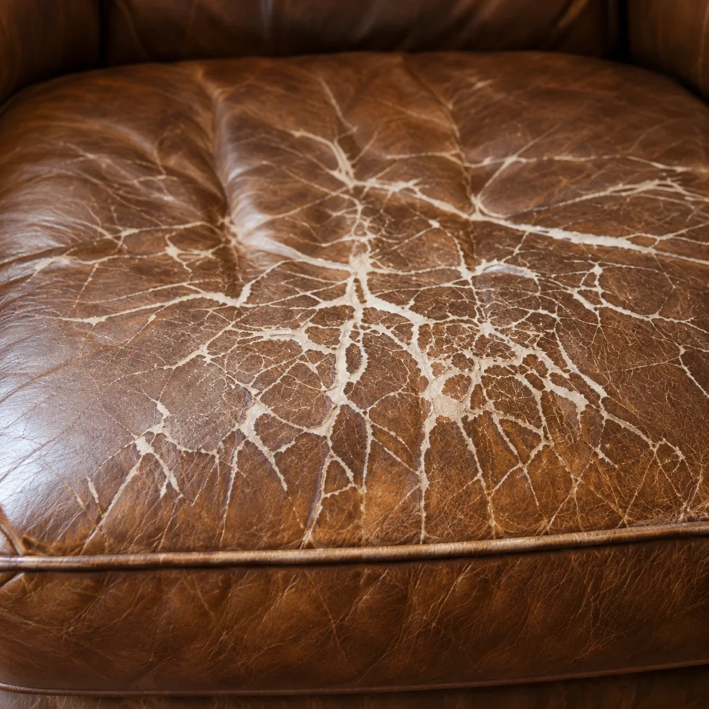 Leather chair ready for new upholstery: splits in the seat