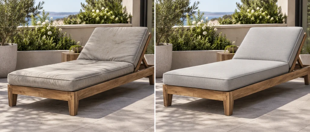 Teak chaise lounge before and after, with its thin cushion swapped out