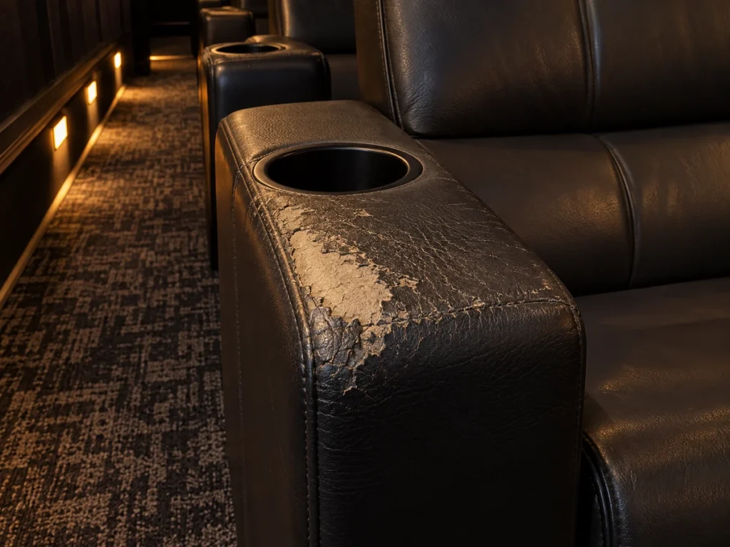Recliner armrest worn to the backing