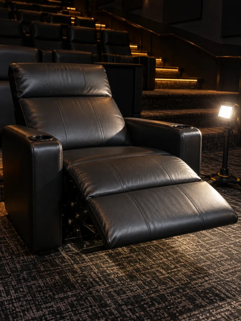 Repaired black recliner with the leg rest raised