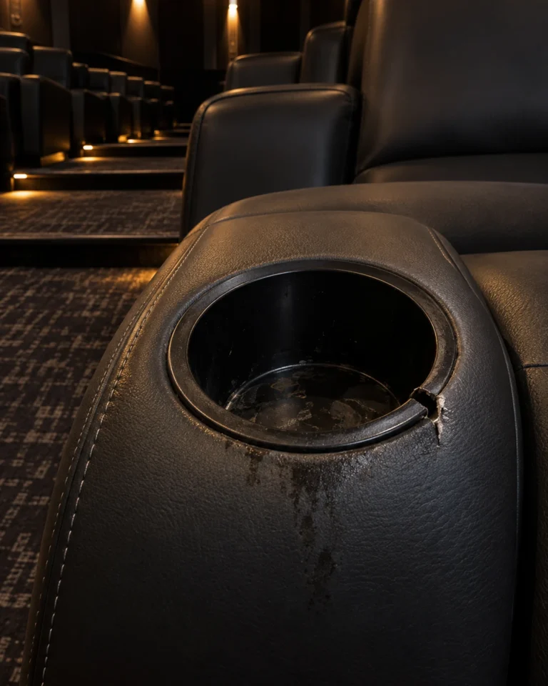 Cup-holder ring on a black recliner stained by drinks