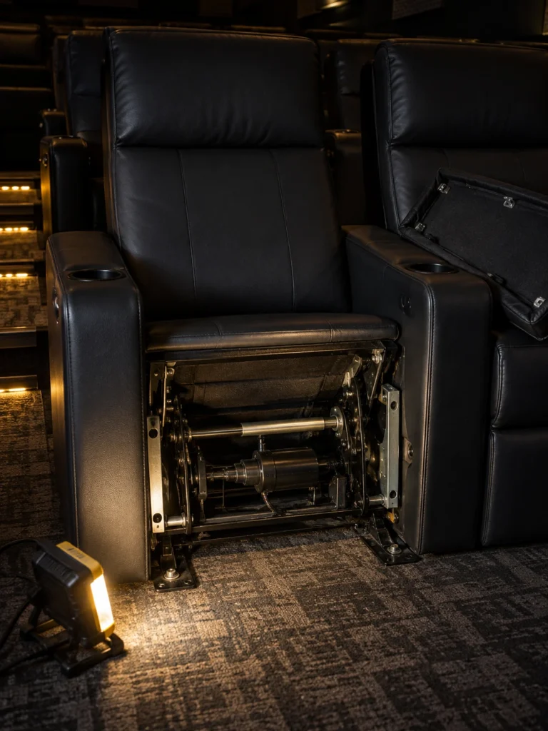 Black theater recliner with a side panel taken off