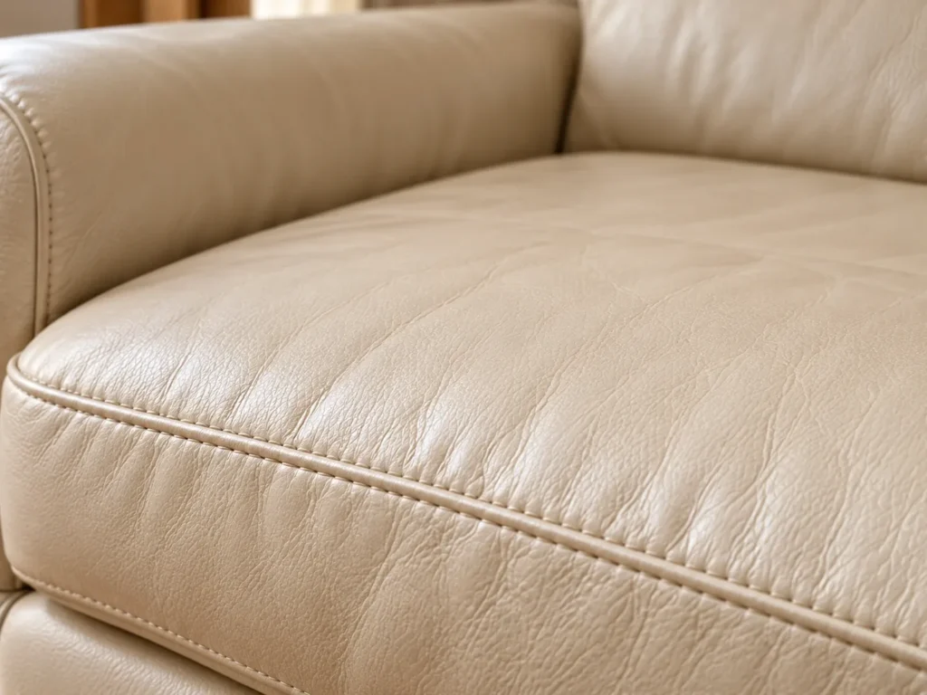 Cream leather sofa cleaned and restored in a shoreline home