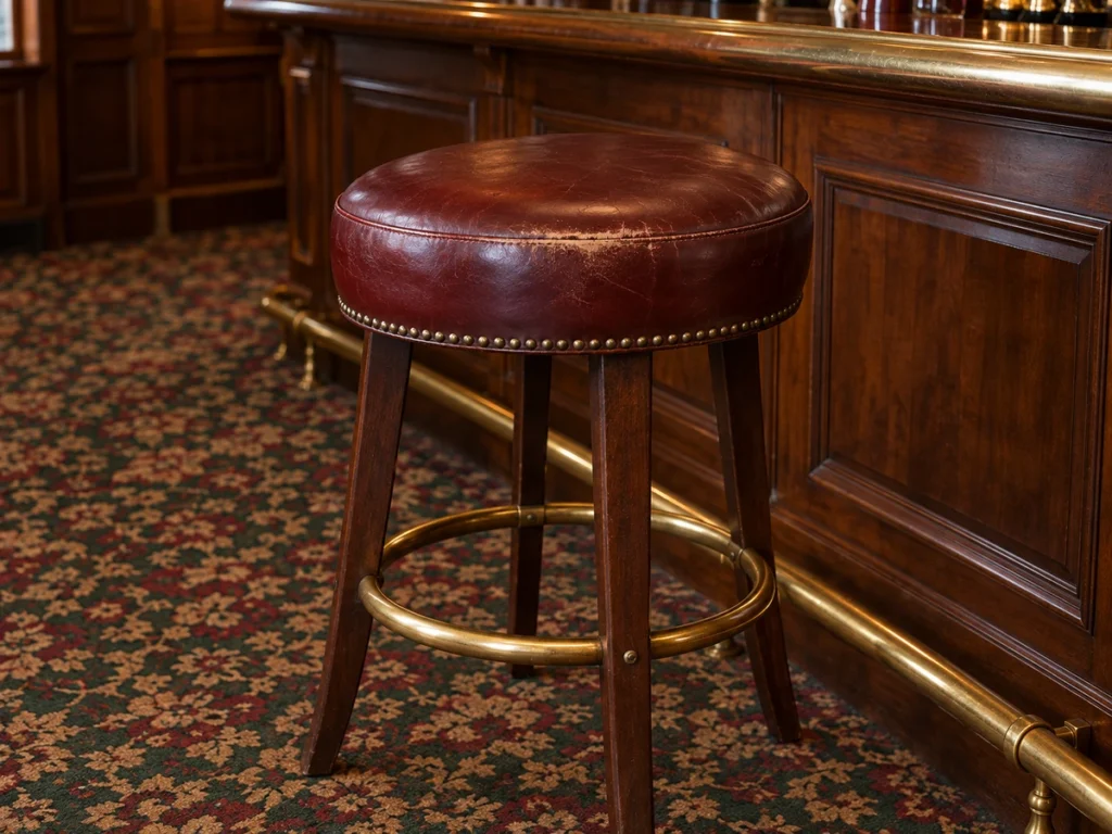 A grill room bar stool with worn leather before repair