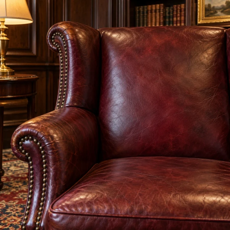 A repair blended into the aged leather of a club chair