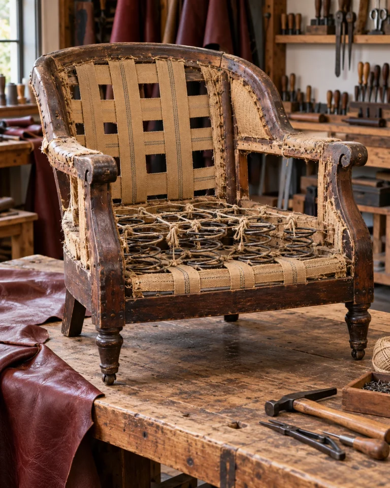 A club chair stripped back to its wood frame and webbing